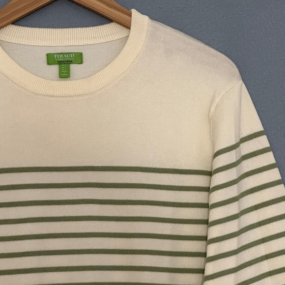 Feraud Limited Edition Mens Sweater Ivory Green Striped Pullover Classic Preppy - Picture 2 of 12